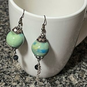 Drop earrings with blue-green bead and black crystal dangle on silver-tone chain